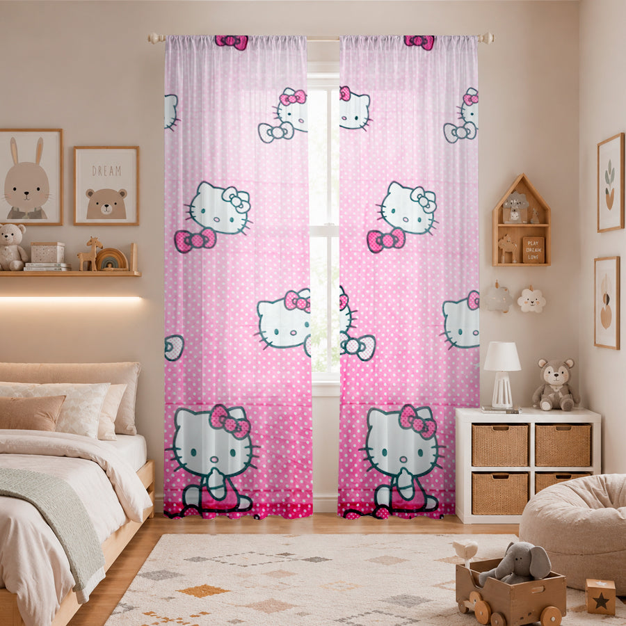 Juego De 2 Cortinas Disney En Tela Voile Bual 150x210 / Diseño Hello Kitty