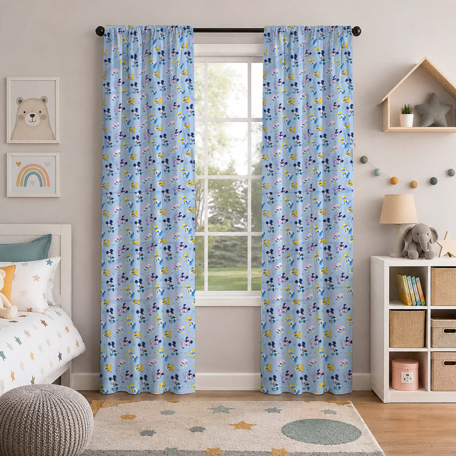 Juego De 2 Cortinas Infantil 150x210 / Diseño Baby Mickey Celeste