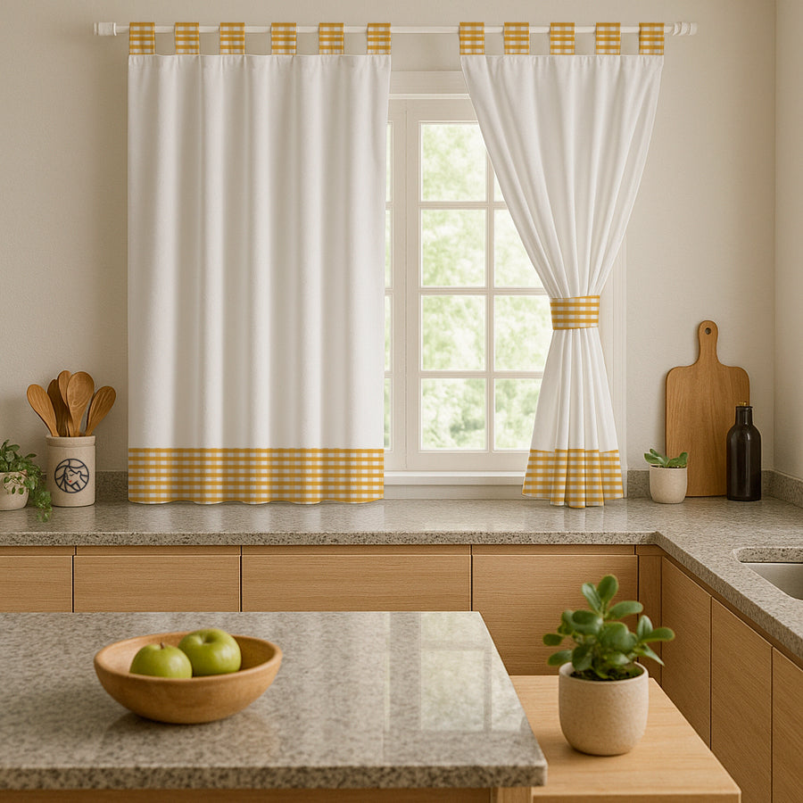 Juego De 2 Cortinas Cocina En Tela Panama Cuadrille 145x150
