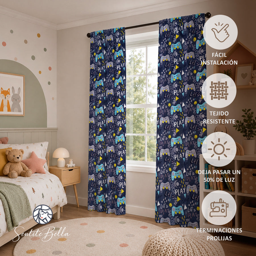 Juego De 2 Cortinas Infantil 150x210 / Diseño Gamer