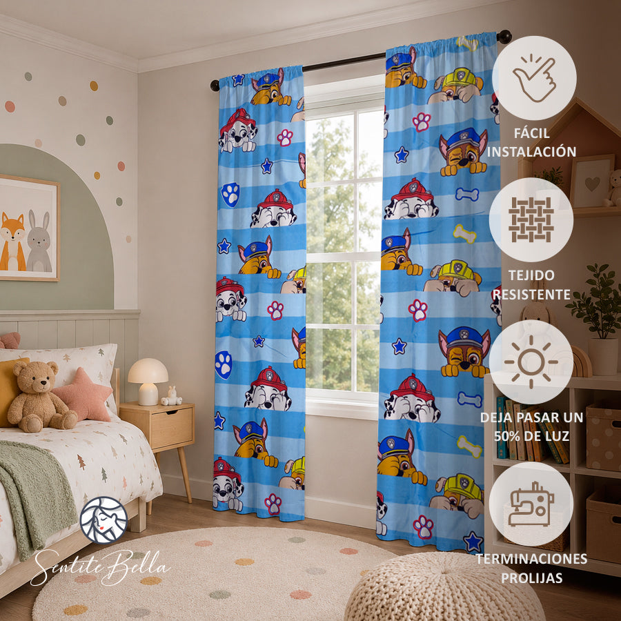 Juego De 2 Cortinas Infantil 150x210 / Diseño Paw Patrol Caras Grandes