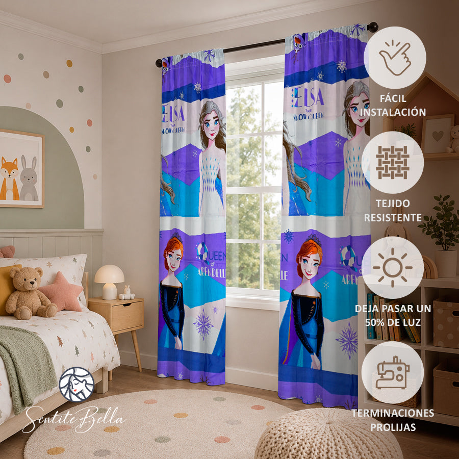Juego De 2 Cortinas Infantil 150x210 / Diseño Frozen Violeta