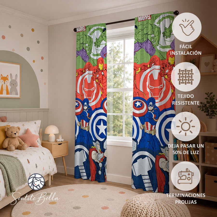 Juego De 2 Cortinas Infantil 150x210 / Diseño Avenger Marvel