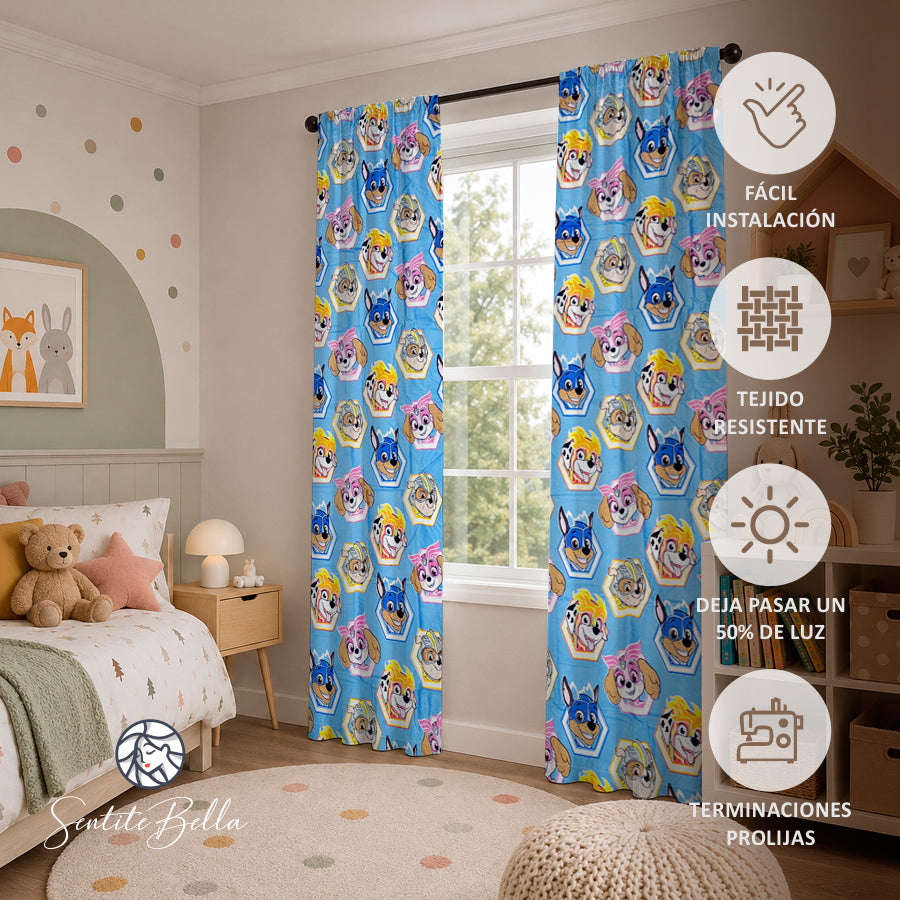 Juego De 2 Cortinas Infantil 150x210 / Diseño Paw Patrol Celeste
