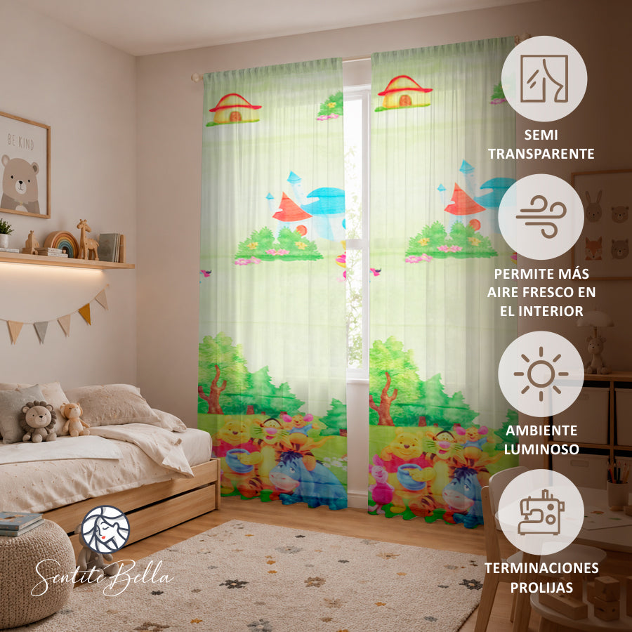 Juego De 2 Cortinas Disney En Tela Voile Bual 150x210 / Diseño Winnie Pooh