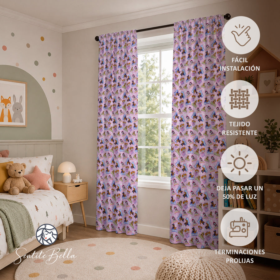 Juego De 2 Cortinas Infantil 150x210 / Diseño Paw Patrol Rosado