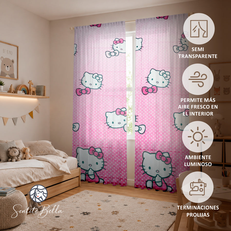 Juego De 2 Cortinas Disney En Tela Voile Bual 150x210 / Diseño Hello Kitty