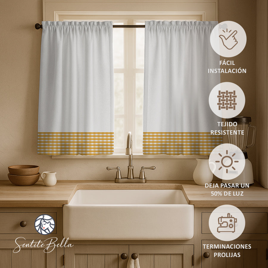 Juego Cortinas de Cocina Tela Panama Cuadrille 145x100 cm - Varios Colores