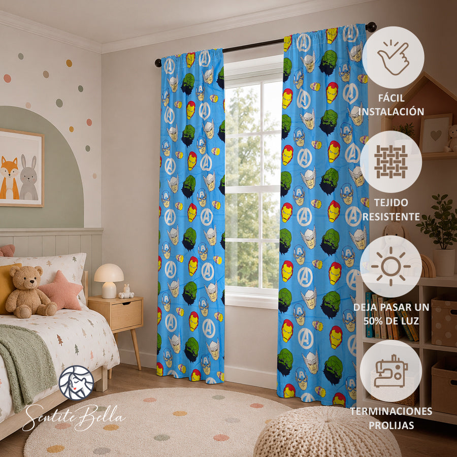 Juego De 2 Cortinas Infantil 150x210 / Diseño Avenger Rostros