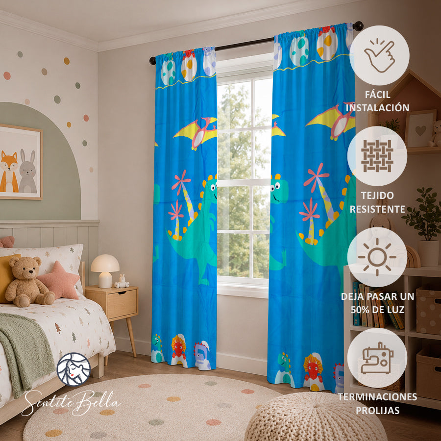 Juego De 2 Cortinas Infantil 150x210 / Diseño Dinosaurio