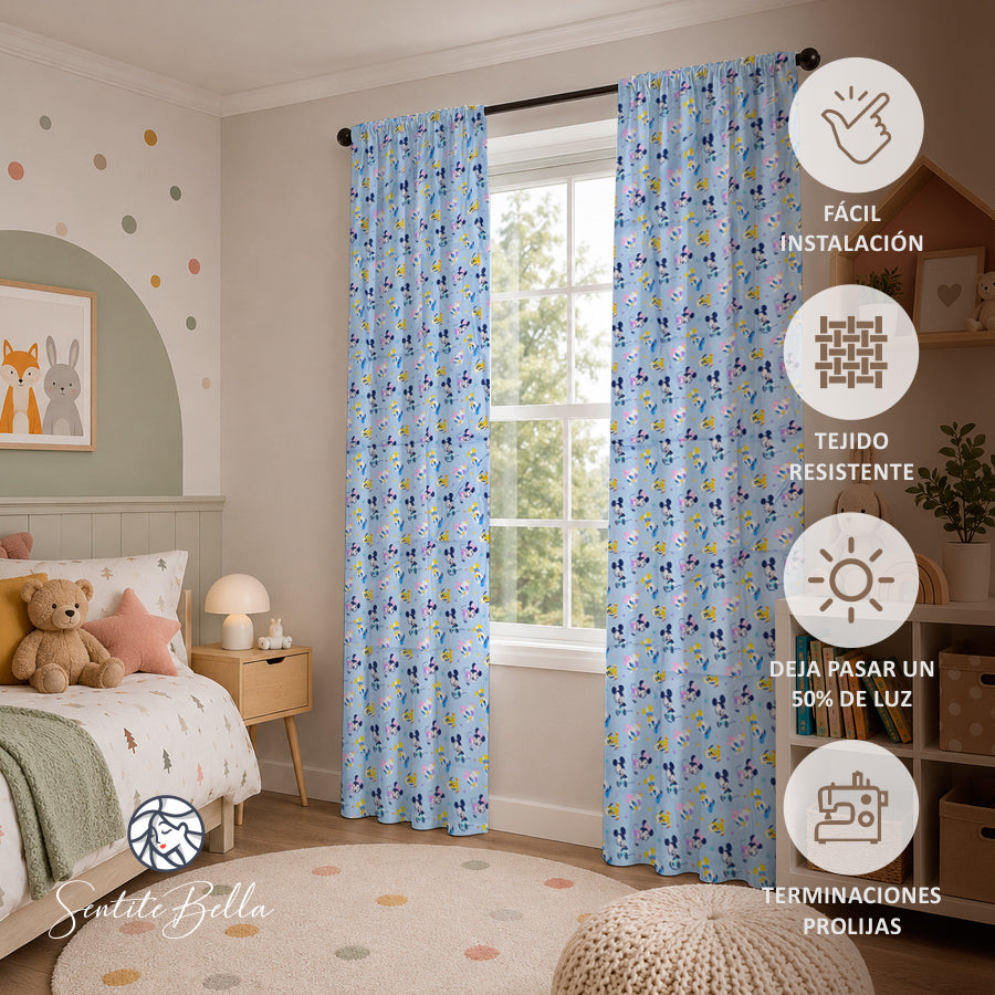Juego De 2 Cortinas Infantil 150x210 / Diseño Baby Mickey Celeste