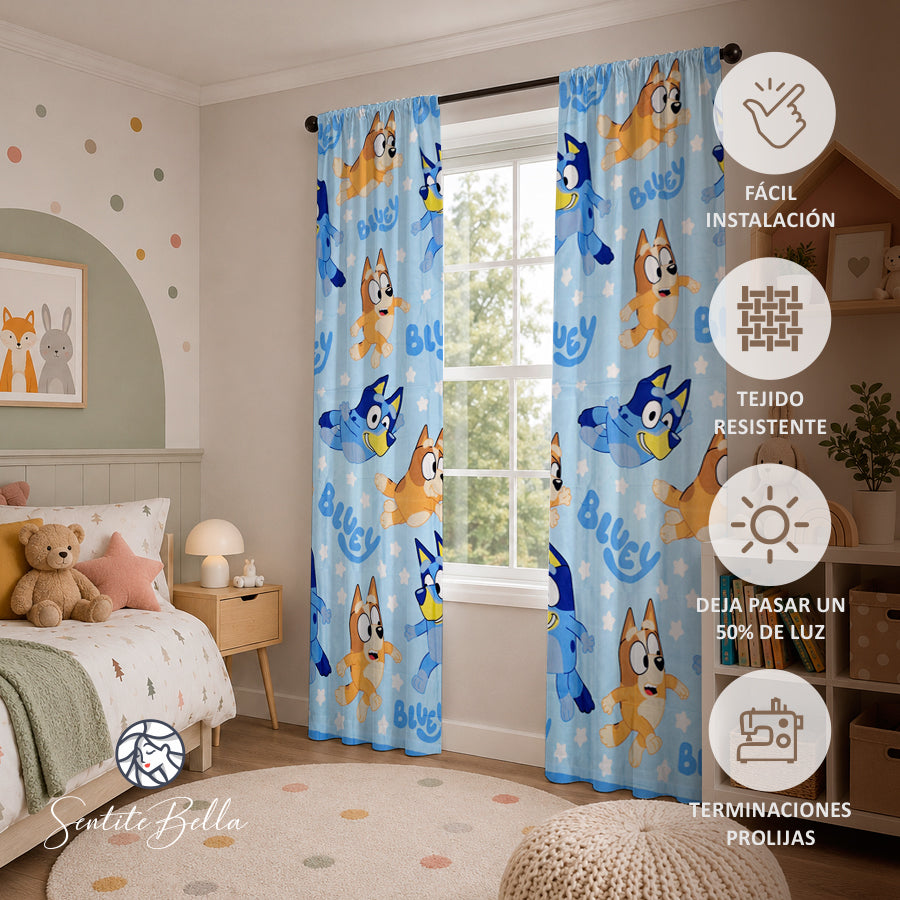 Juego De 2 Cortinas Infantil 150x210 / Diseño Bluey Bingo