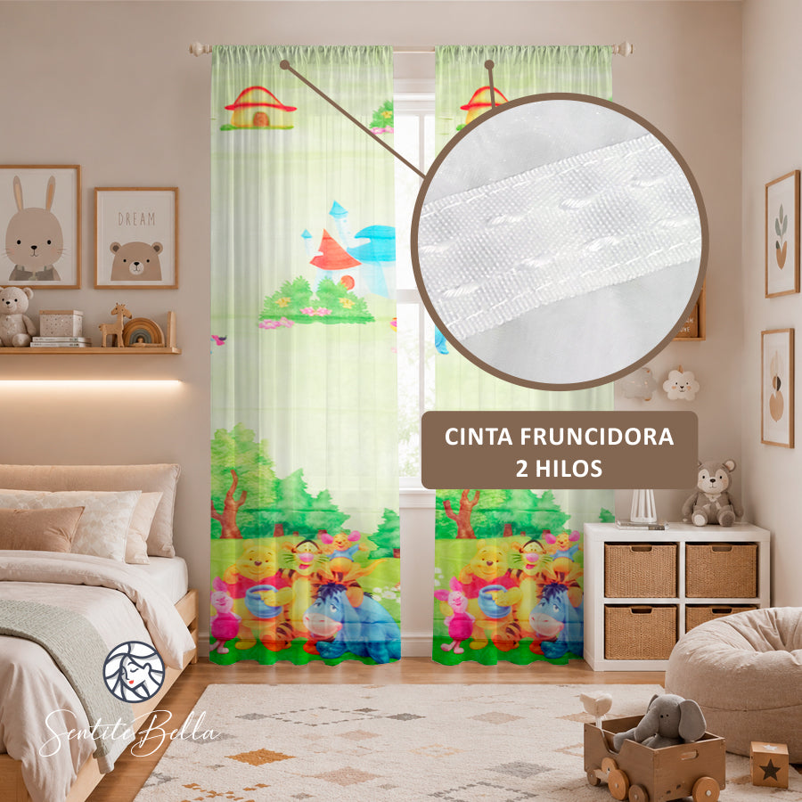Juego De 2 Cortinas Disney En Tela Voile Bual 150x210 / Diseño Winnie Pooh