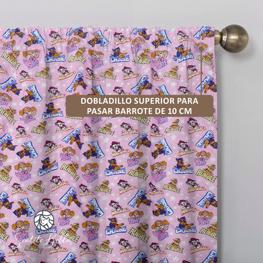 Juego De 2 Cortinas Infantil 150x210 / Diseño Paw Patrol Rosado