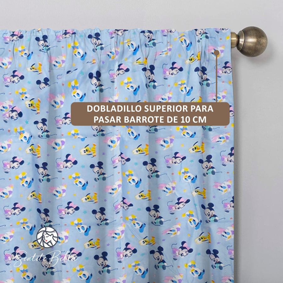 Juego De 2 Cortinas Infantil 150x210 / Diseño Baby Mickey Celeste