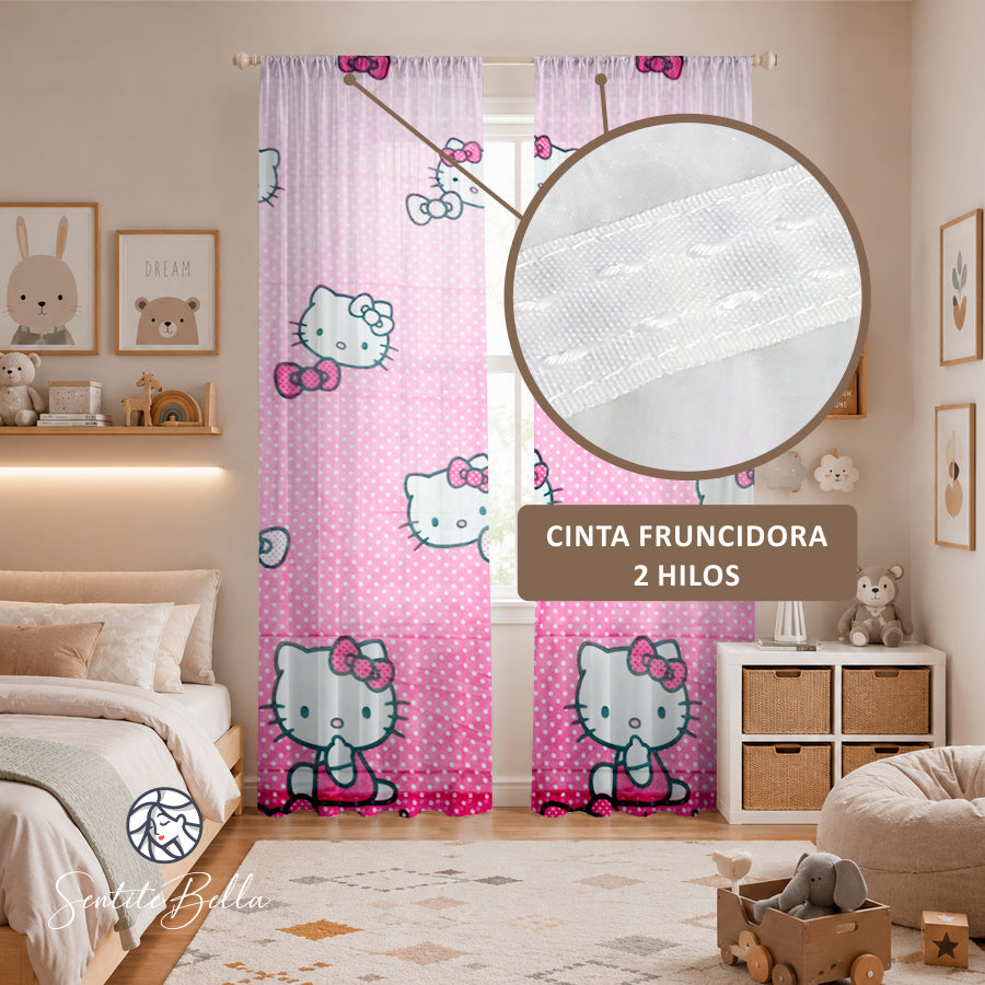 Juego De 2 Cortinas Disney En Tela Voile Bual 150x210 / Diseño Hello Kitty