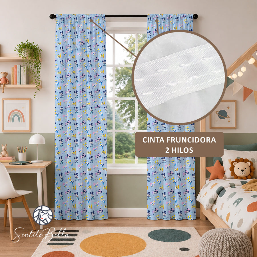 Juego De 2 Cortinas Infantil 150x210 / Diseño Baby Mickey Celeste