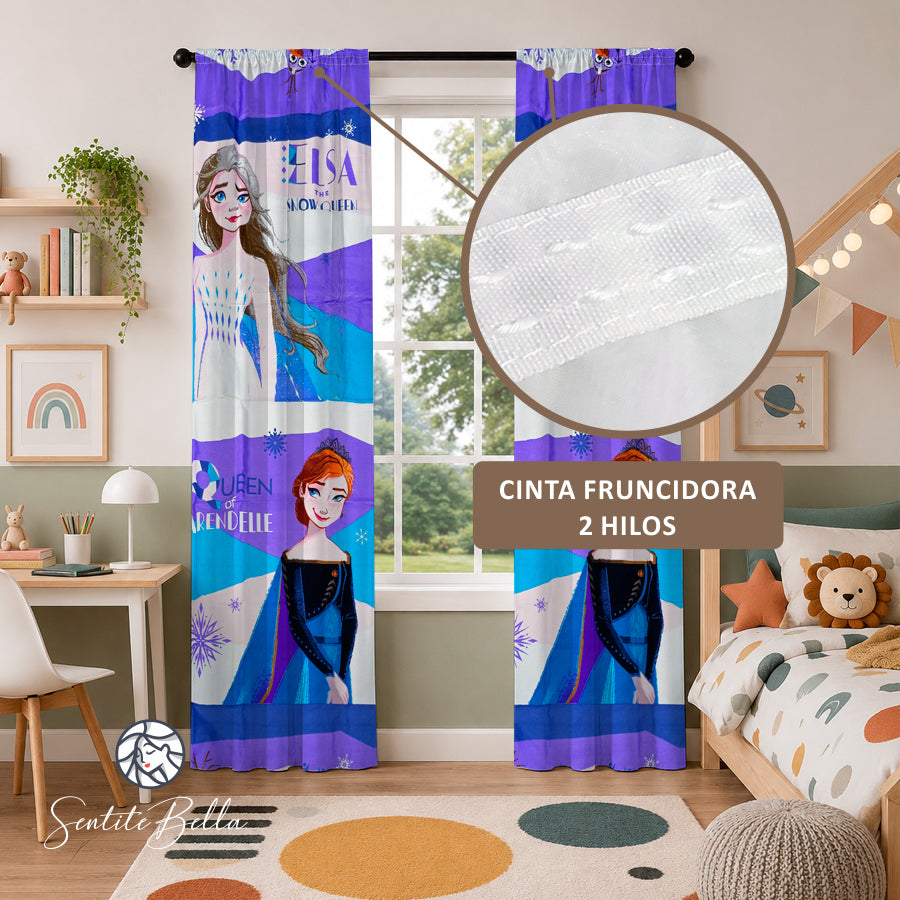 Juego De 2 Cortinas Infantil 150x210 / Diseño Frozen Violeta