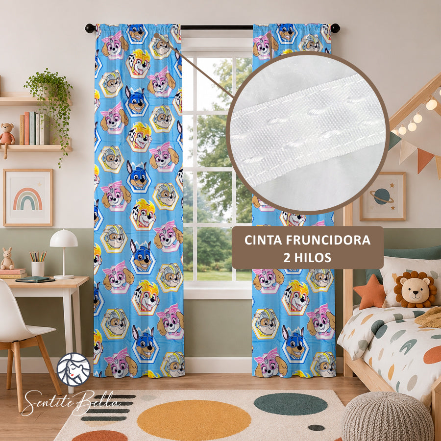 Juego De 2 Cortinas Infantil 150x210 / Diseño Paw Patrol Celeste