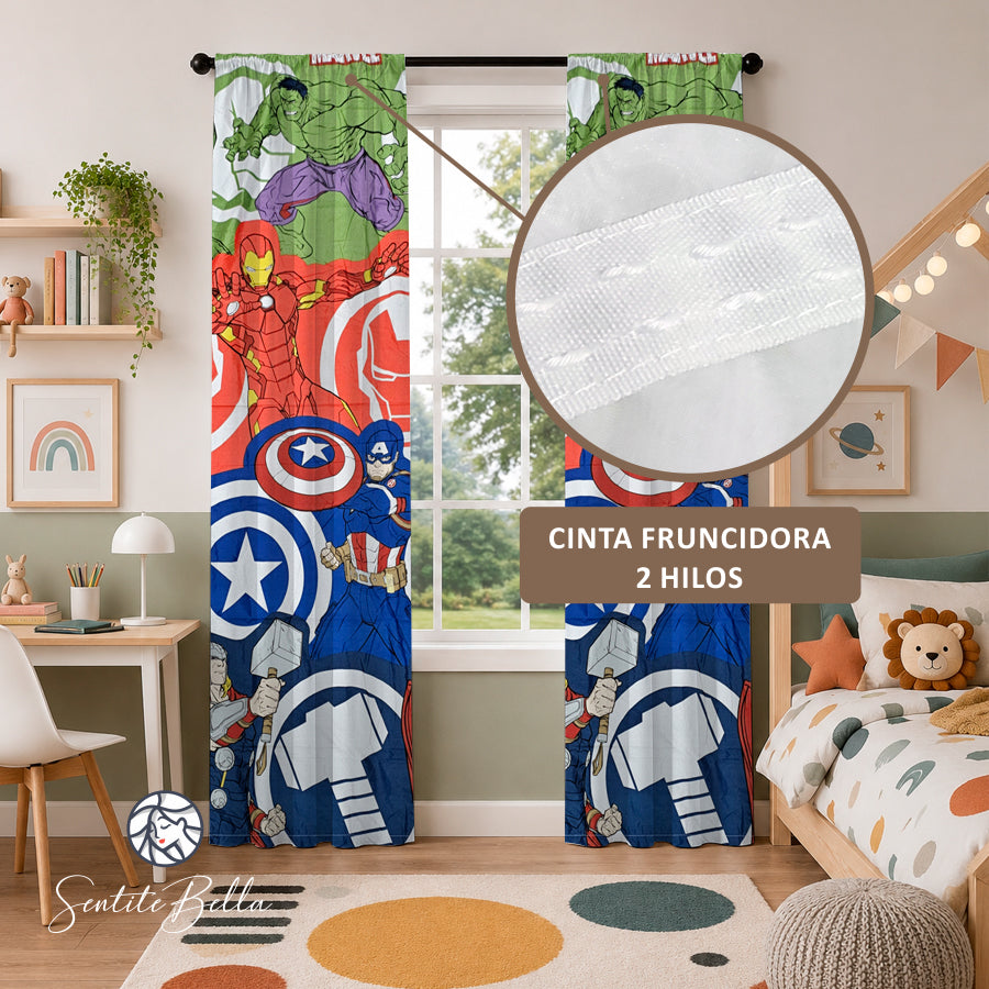 Juego De 2 Cortinas Infantil 150x210 / Diseño Avenger Marvel