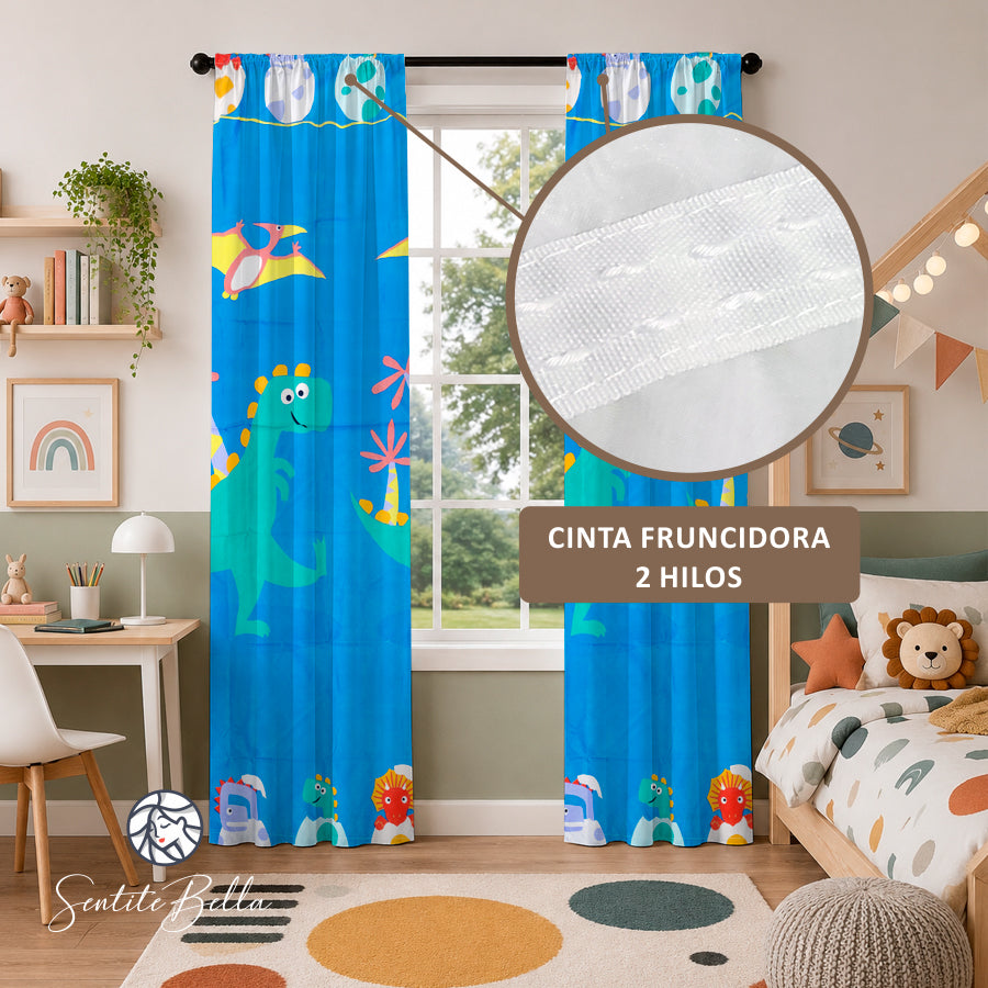 Juego De 2 Cortinas Infantil 150x210 / Diseño Dinosaurio