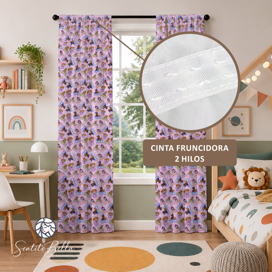 Juego De 2 Cortinas Infantil 150x210 / Diseño Paw Patrol Rosado