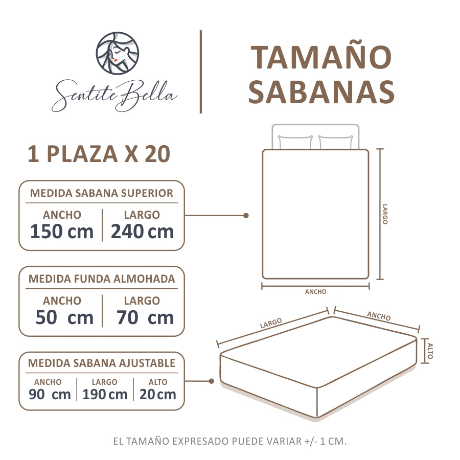 Juego de Sabanas Lisas - 1 Plaza x 20 cm de ALTURA