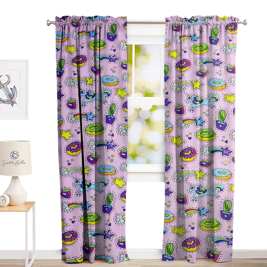 Juego De 2 Cortinas Infantil 150x210 Diseño Unicornio Rosa - SentiteBella.uy