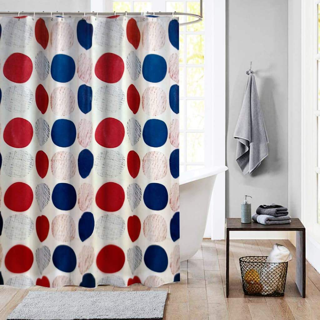 Cortina de Baño Ducha Diseño Circulos Rojos y Azules 180x180 cm Kit con Ganchos - SentiteBella.uy