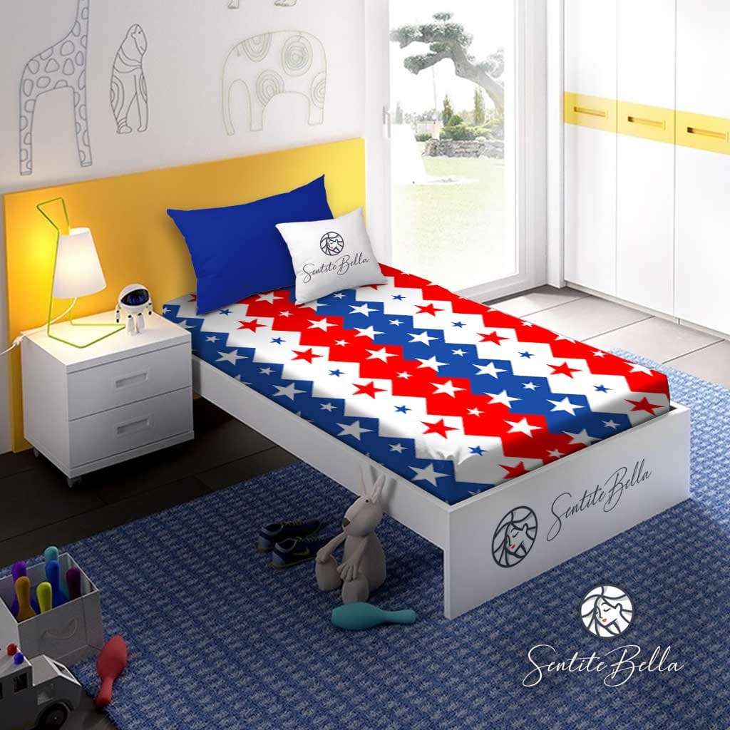 Juego de Sábanas Infantil Rojo/Azul/Blanco- 1 Plaza - SentiteBella.uy