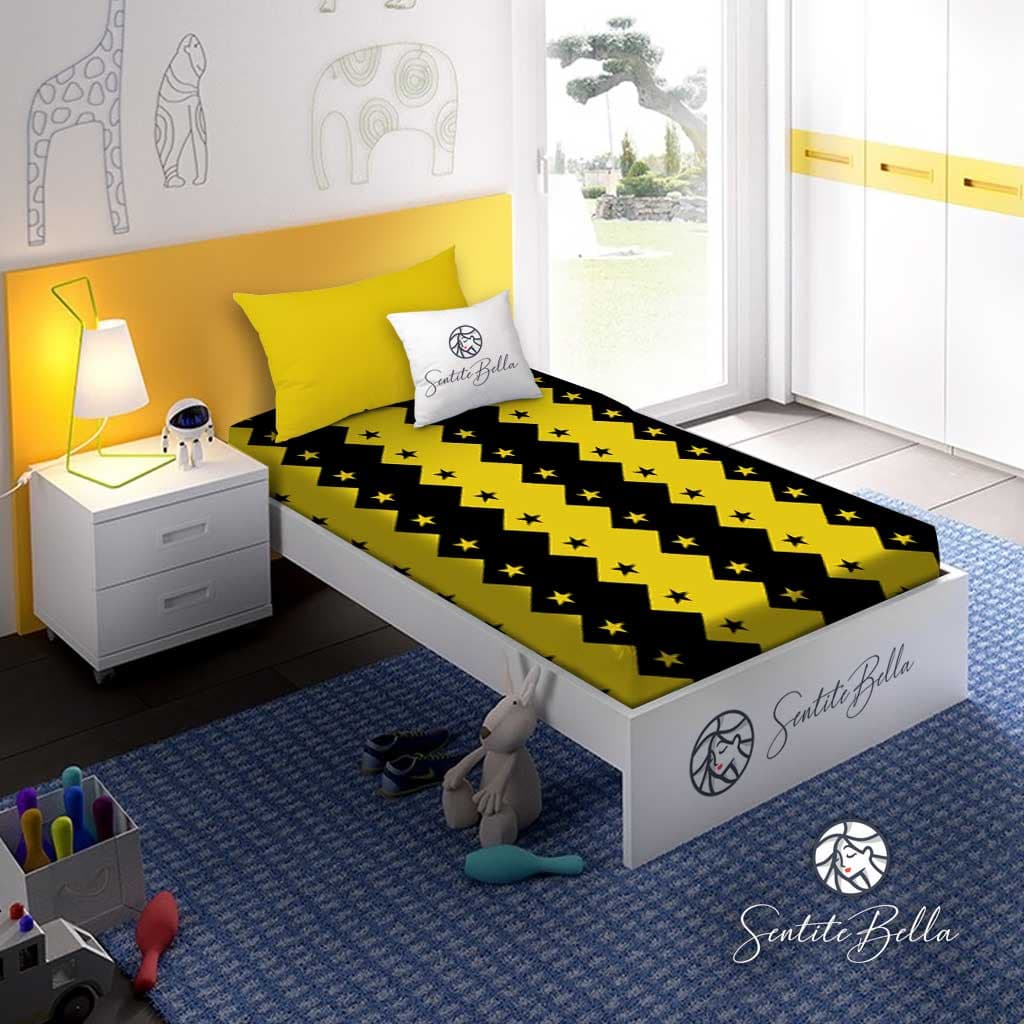 Juego de Sábanas Infantil Amarillo/Negro - 1 Plaza - SentiteBella.uy